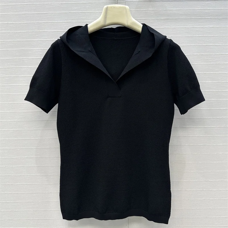 

Women's t-shirt New elastic knitted slim fit short sleeved top for autumn 2025 Hooded V-neck pullover Women top hoodie corset