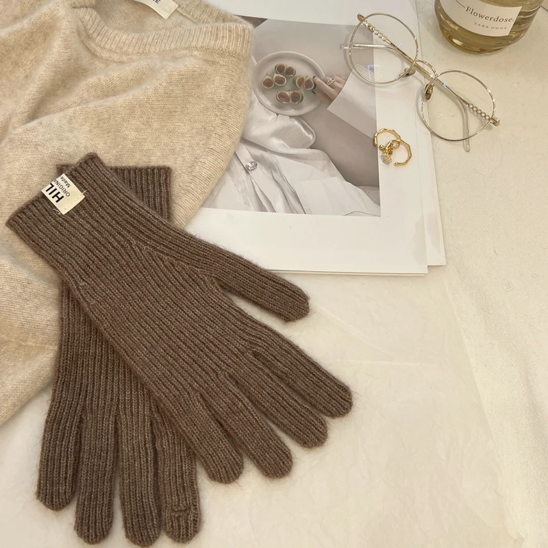 Solid Color Ins Knitted Knitting Wool Gloves Simple Autumn Winter Korean Style  Finger Touch Screen Warm Finger Containing Wool