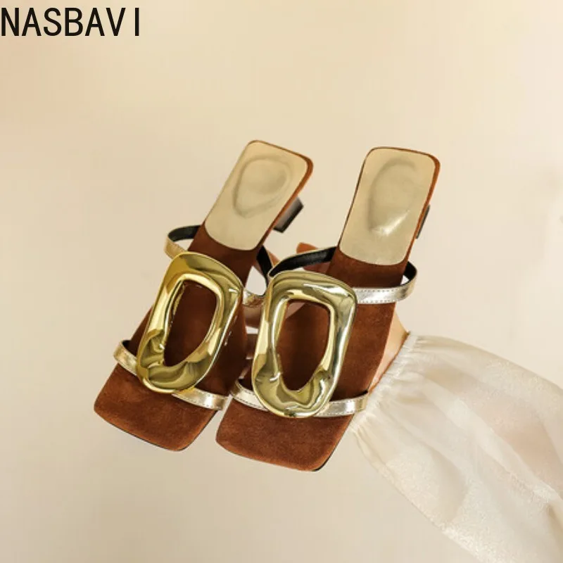 

NASBAVI Brand Stylish Vintage Silver Flip-flops Wear Roman Women's Shoes Over Summer Beach Slippers with A Skirt with Low Heels