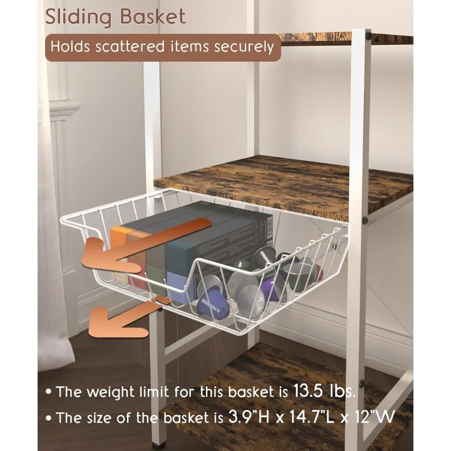 رف خبازات زاوية لمحطة بار القهوة مكون من 4 طبقات مع 5 خطافات سلكية وحامل ماكينة صنع القهوة لرف تخزين المطبخ بمساحة صغيرة