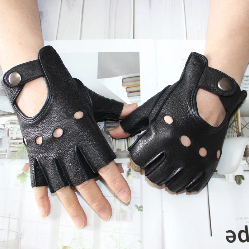 Men\'s summer new half-finger gloves deerskin thin unlined hollow breathable leather outdoor sports cycling driving gloves