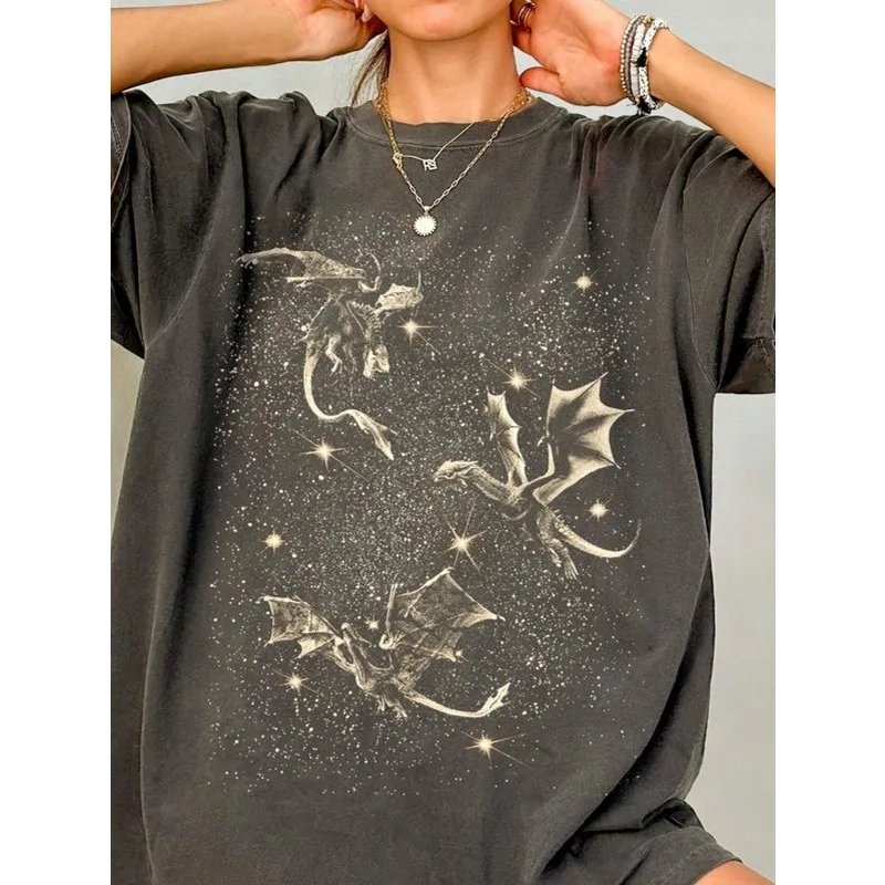 Magical Dragon Printed Women's Retro Style T-shirt Summer New Casual Fashion Cotton Y2K Unisex T-shirt