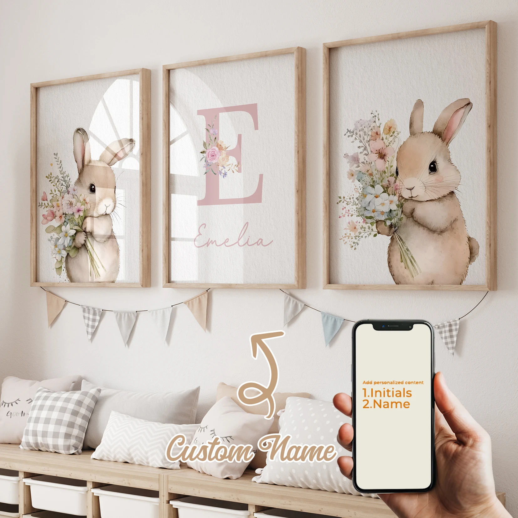 3-teiliges Personalisiertes Wandbild mit Kaninchen-Motiv, Individuell Bedruckte Leinwand-Poster, Gemälde für Wohnzimmer-Dekoration