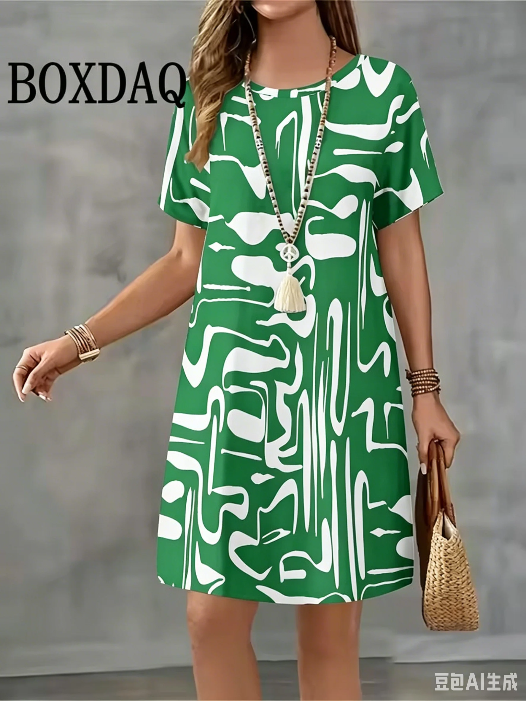 2026 tie dye abstract design printed round neck short sleeved loose and fashionable women's summer dress