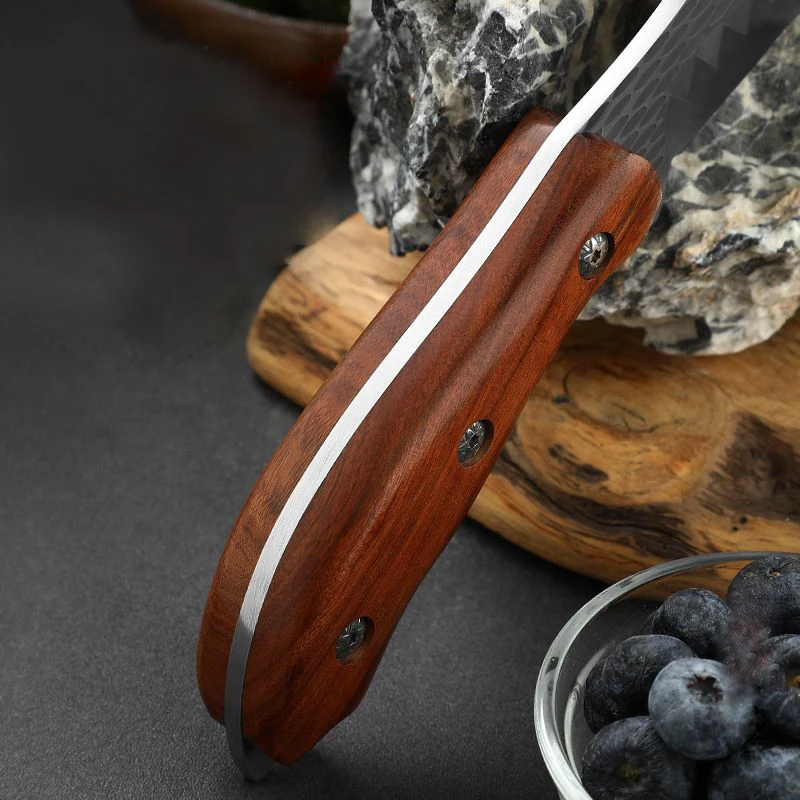 9.5 inch multi-purpose fruit knife, high carbon stainless steel 4mm thick, surface pattern, solid wood handle, outdoor tactical