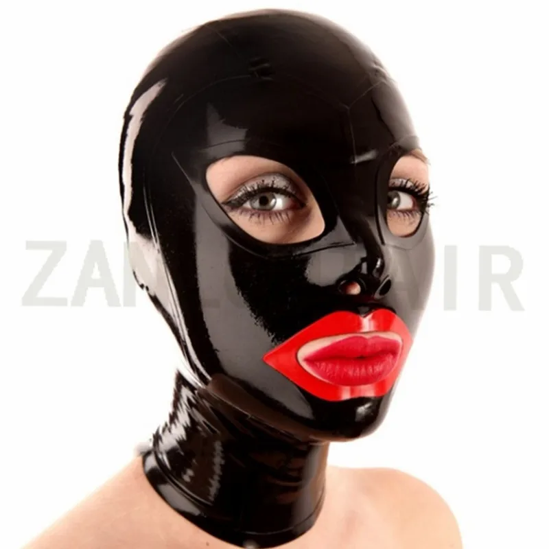 Unisex Handmade Exotic Sexy Lingerie Club Black Latex Cekc Customize Red Mouth with Blonde wig Hoods Mask Zipper Fetish Costume