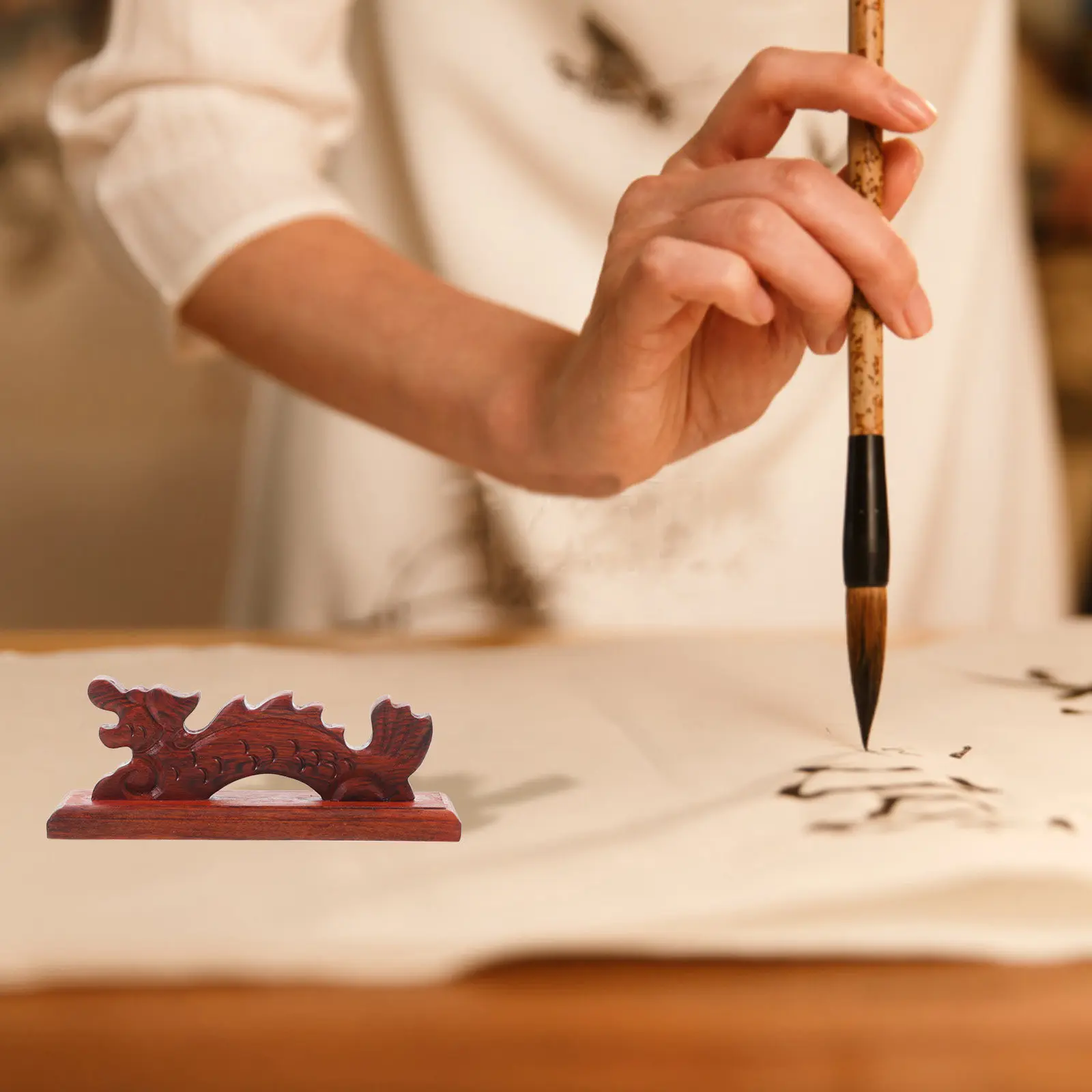 

Red Sandalwood Dragon Shaped Ink Brush Holder Chinese Calligraphy Brush Rest Wooden Pen Rack Desktop Ornament Calligraphy Supply