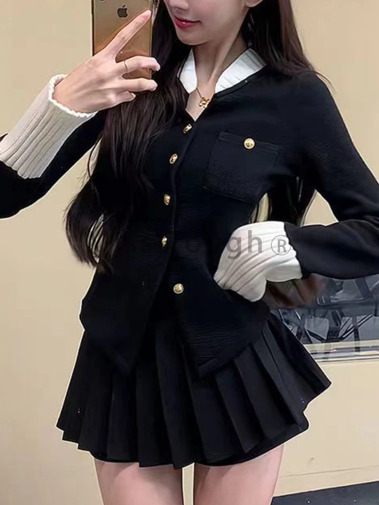 Autumn New Sexy Preppy Style 2 Piece Set Women French Rich Girl Top+High Waist Pleated Skirt Female Fashion Wear Skirt Suit