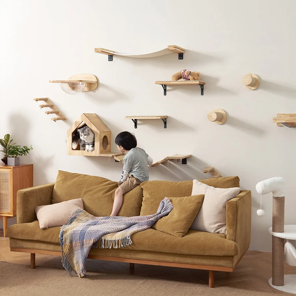 Hamaca de escalada para gatos, mueble de madera maciza montado en la pared, con poste de rascado, para actividades en interiores