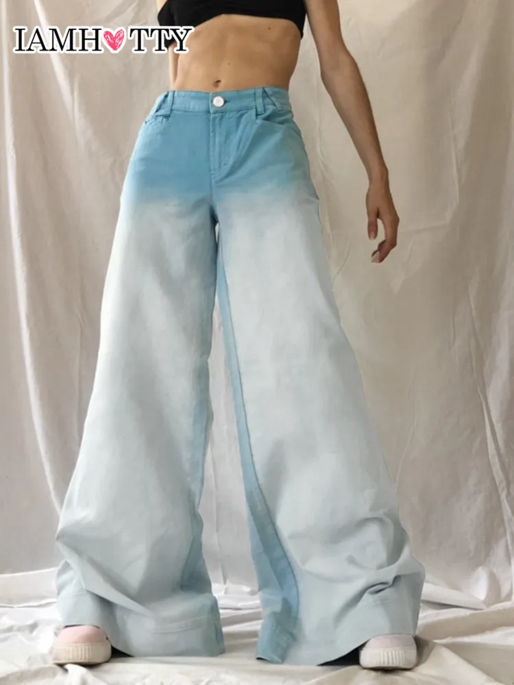 

IAMHOTTY Tie Dye Print Gradient Wide Leg Jeans y2k High Waist Baggy Denim Pants Harajuku Oversized Trousers Fairycore Bottoms