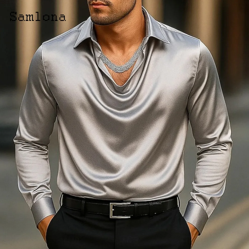 Men Long Sleeves Notched Shirt Clothing 2025 European Fashion Basic Top Solid Silver Gold Blouse Mens Casual V-neck Shirts Homme