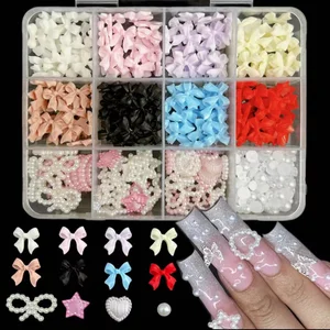 Misturado Resina Bowknot Nail Art Decorações, 3D Encantos Acrílicos, Kawaii Arco Colorido, Strass DIY Manicure Ferramentas Peças, 12 Grades/Caixa 8 principais vendas unhas de noiva - №2