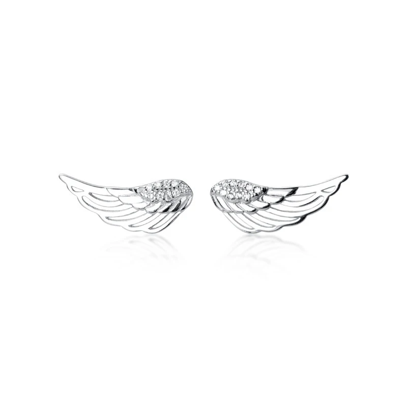 Modian Trendy Feathers Stud Earrings for Women Genuine 925 Sterling Silver Shiny CZ Angel Wings Asymmetry Ear Pin Fine Jewelry