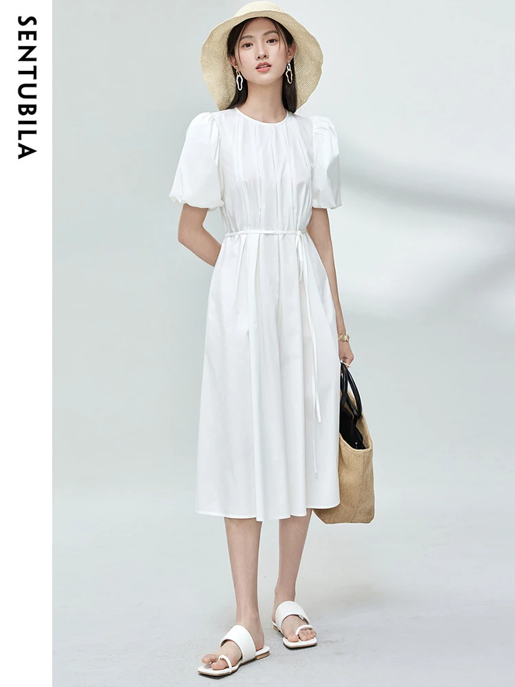 sentubila-summer-100-cotton-midi-white-dress-for-women-2023-fashion-elegant-solid-a-line-short-sleeve-tied-belt-pleated-dress