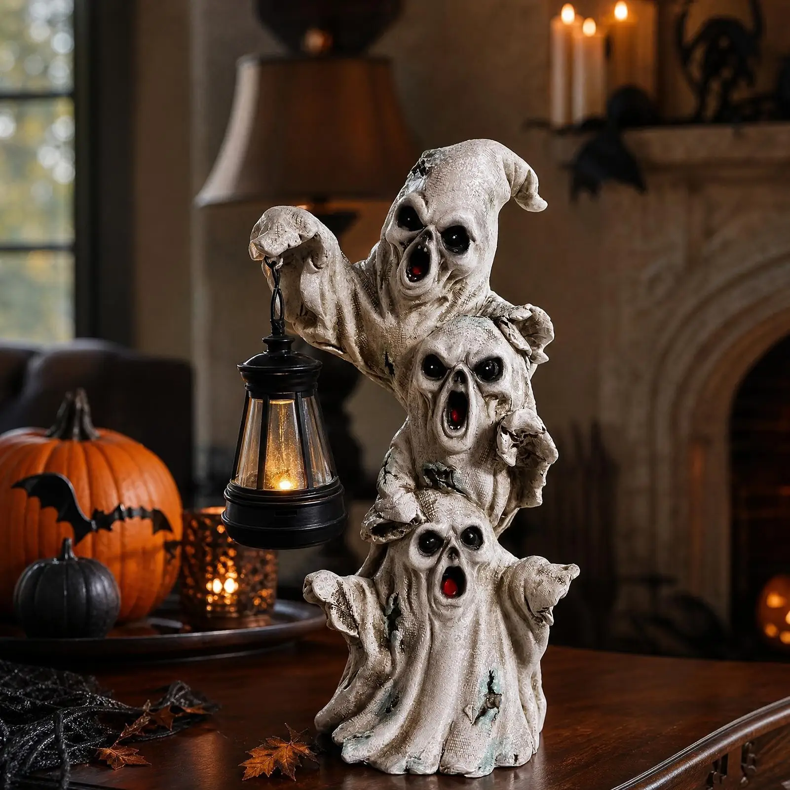 Solar Ghost Lights Scary Resin Figurine Halloween Lamp Desktop Fireplace Solar Animals For Outside Backyard Lawn Patio Porch