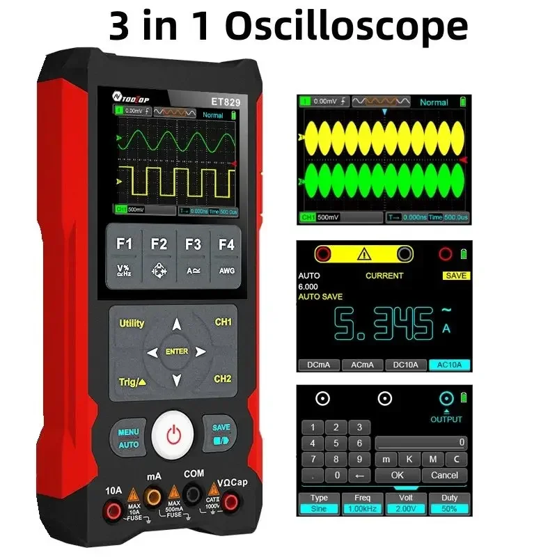 TOOLTOP ET829 2 CHannel Digital Oscilloscope 250 Msa/s 80MHz Signal Generator Data Storage Multimeter For Automotive Tool Repair