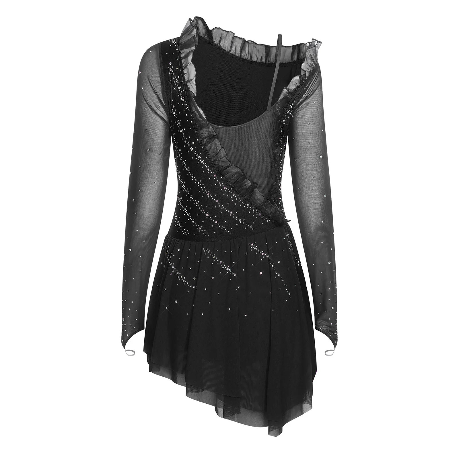 女性フィギュアスケートドレスバレエダンスウェアシアーメッシュ長袖非対称肩フリルシャーリング光沢のあるラインストーンドレス