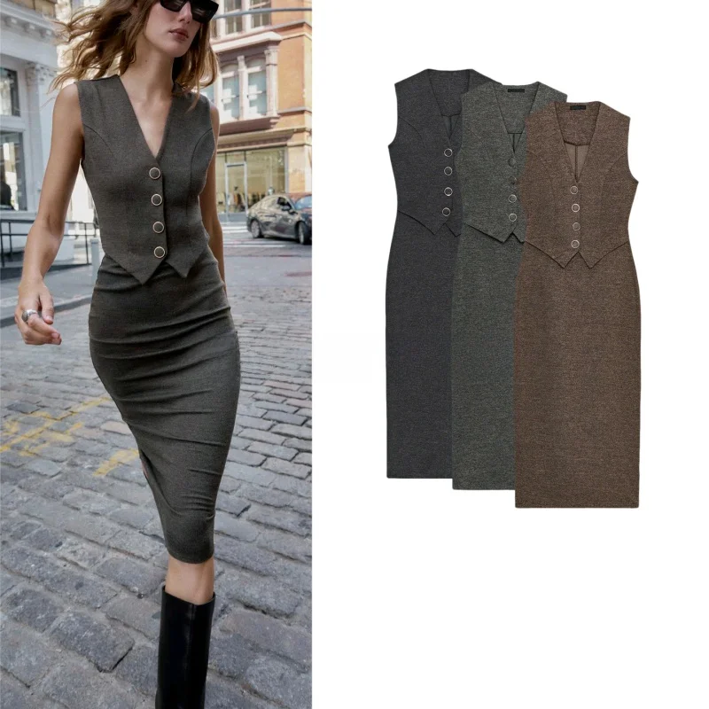 Winter nieuwe collectie mat Sle Midi Dr Svel V-Ne rechte zoom knop decor dames casual pure kleur polyester