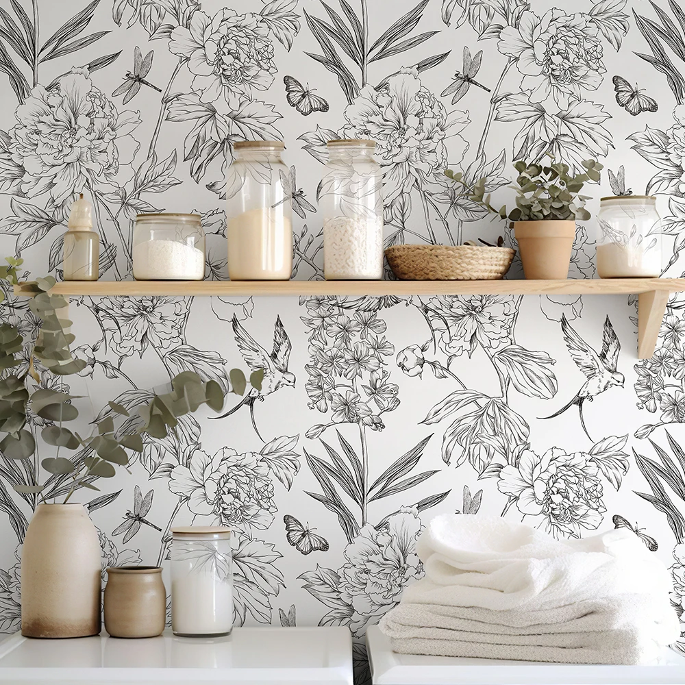 الرجعية خط رسم الأزهار خلفية الأبيض والأسود زهرة PVC خزانة أثاث ملصق خمر الطيور للإزالة جدار ديكور