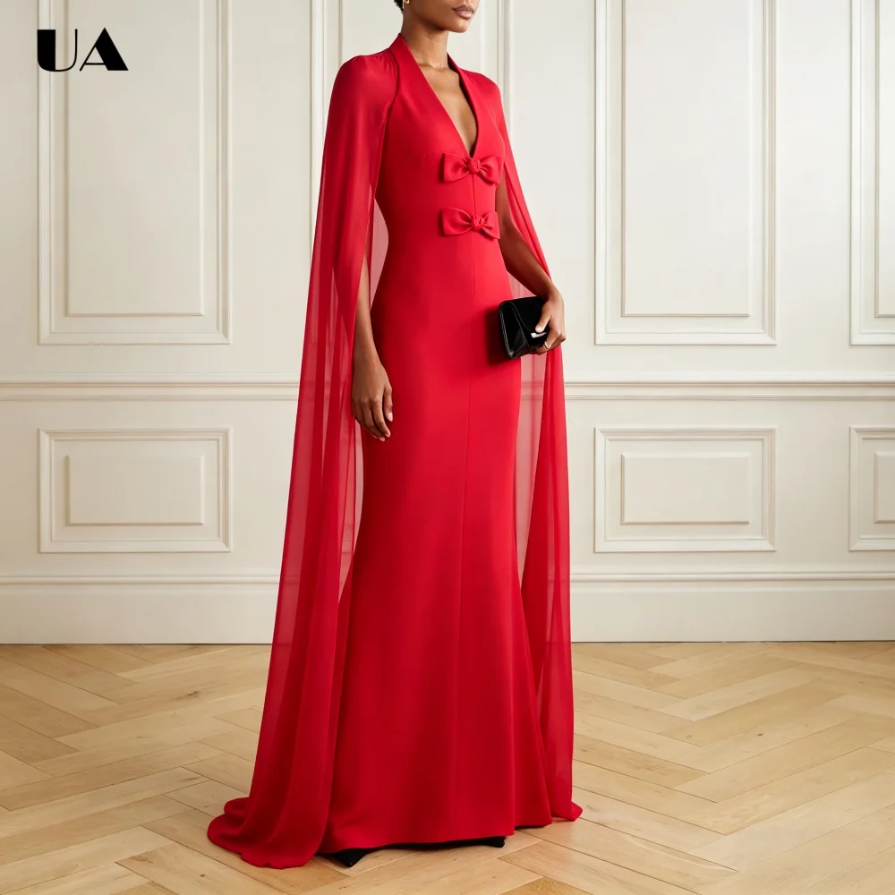 

ULBYANRY Customized Solid Mermaid Bow Prom Dresses for Women, Elegant Cape Sleeve Evening Dress, Formal Deep V-neck Ball Gown