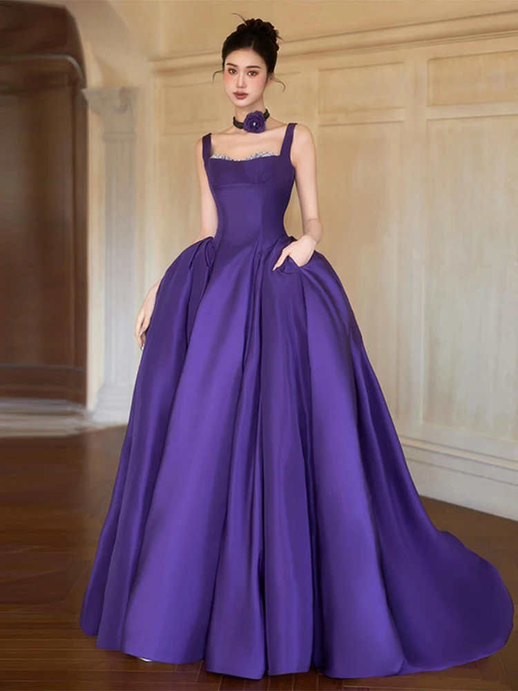 

Фиолетовое вечернее платье с бретелями для свадьбы, выступлений, ведущих, принцесс, тостов и торжеств для невесты