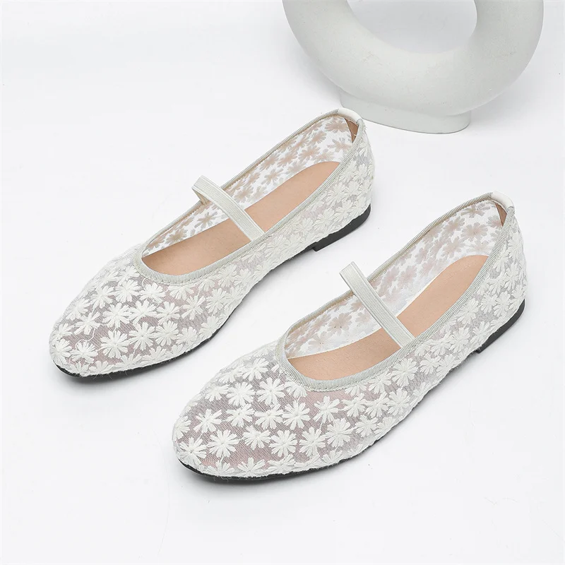 IPPEUM Malha Ballet Flats Mulheres Dedo Do Pé Redondo Branco Plus Size 43 Bailarinas Zapatos Mujer