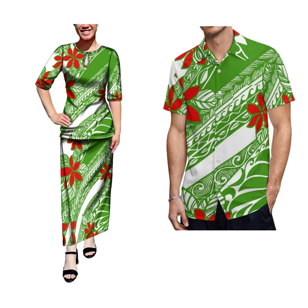 Verão Manga Curta Novo Conjunto Saia Samoa Hibiscus Padrão Estrada Personalizado Mulheres Puletasi Camisa Masculina Polinésia Casal Roupas