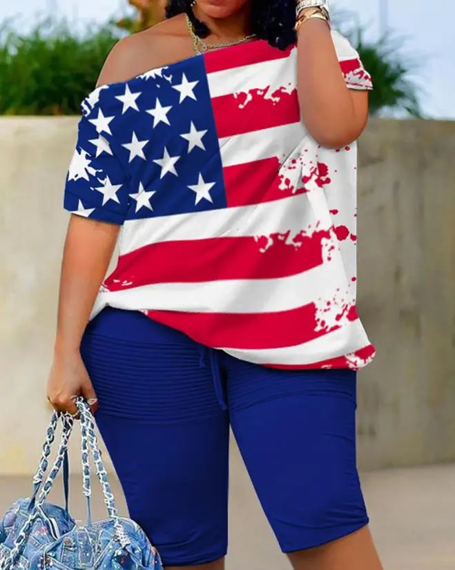 Womens Two Piece Sets Outfit Independence Day Flag Print Short Sleeve Top& Shorts Set New Fashion 2023 Summer Casual Female Suit