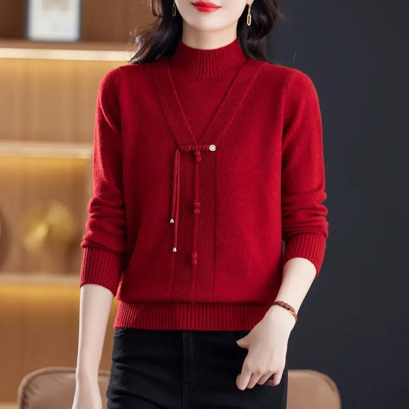 

knitted women's bottoming sweater 2026 autumn winter half-high-necked Female pullover loose warm middle-aged elderly people top