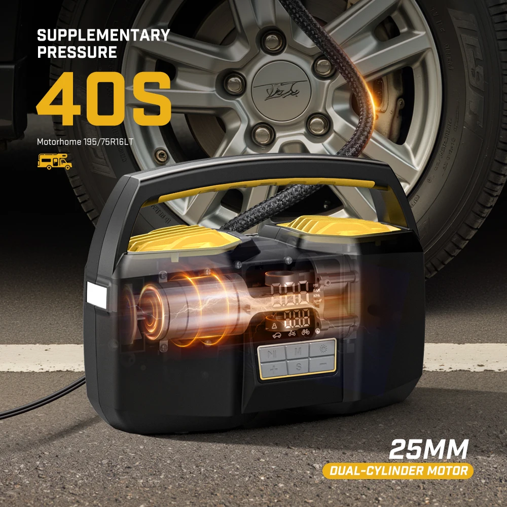 

Carsun 150Psi Fast Air Compressor - Dual 25-Cylinder Bike Tire Inflator with Led Light for Large Vehicles, Balls