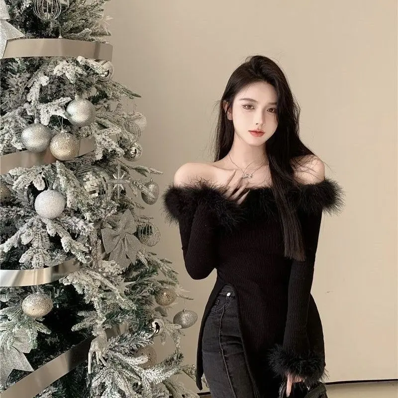 

Off Shoulder Knitted Sweaters for Women Thermal Attractive Original Fashion 2025 Sale All Cheap Casual Top Slit Female Pullover