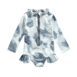 Traje de baño de una pieza para niñas pequeñas, mono de manga larga con estampado de volantes, traje de baño con protección solar, Bikini, ropa de playa para niños de 1 a 5 años