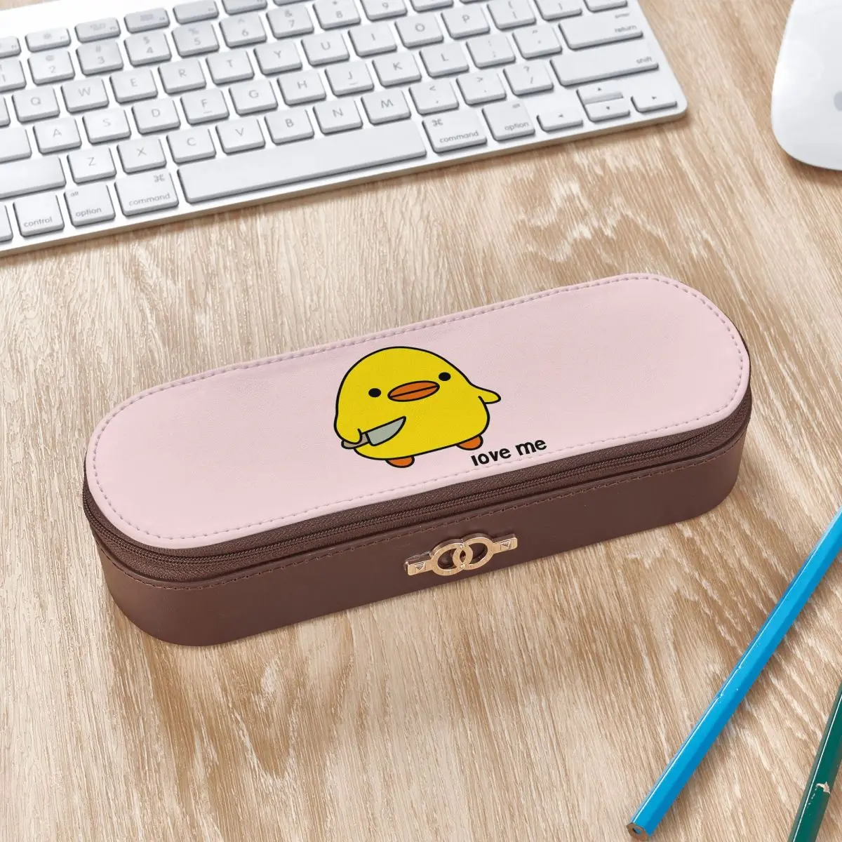 Duck With Knife - Love Me Version Kawaii Duck Knife Duck Leather Pencil Cases Pencil Pouch Storage Stationery Supplies Pen Box
