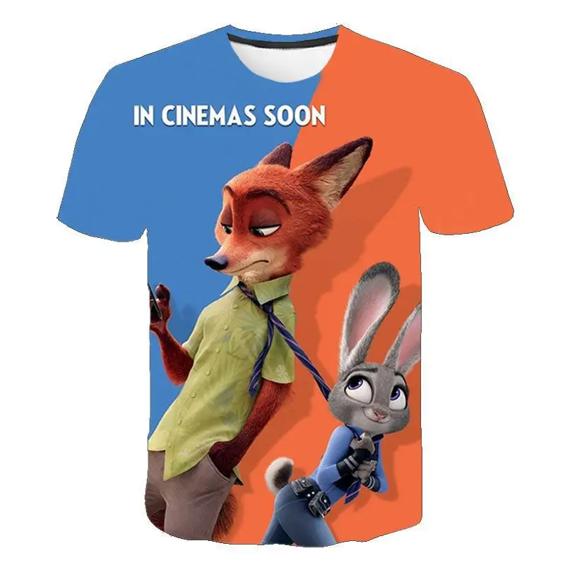 Summer New Disney Zootopia T-shirt 3-14 Year Old Children's 3D Cartoon Anime Pattern Children's Girls Boys Fashion Short Sleeves