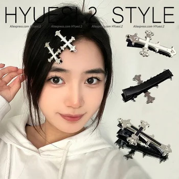 Fermagli per capelli a forma di croce con diamanti gotici Stili punk retrò Frangia Mollette a becco d'anatra Copricapo per feste di Halloween per ragazze da donna