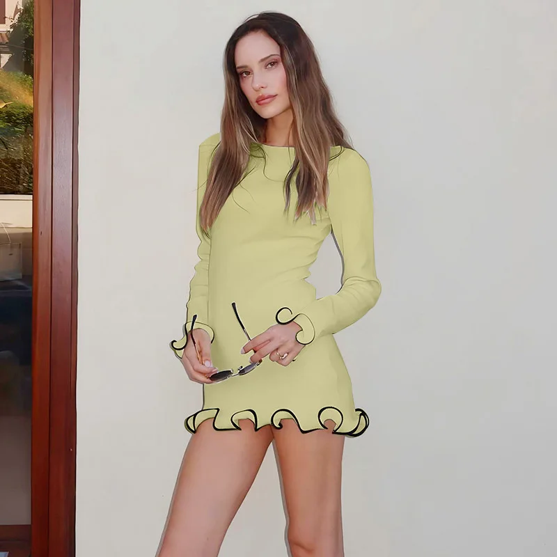 Preto elegante vestido curto feminino onda plissado sexy bodycon manga longa babados blusas de malha vestidos 2024 outono festa