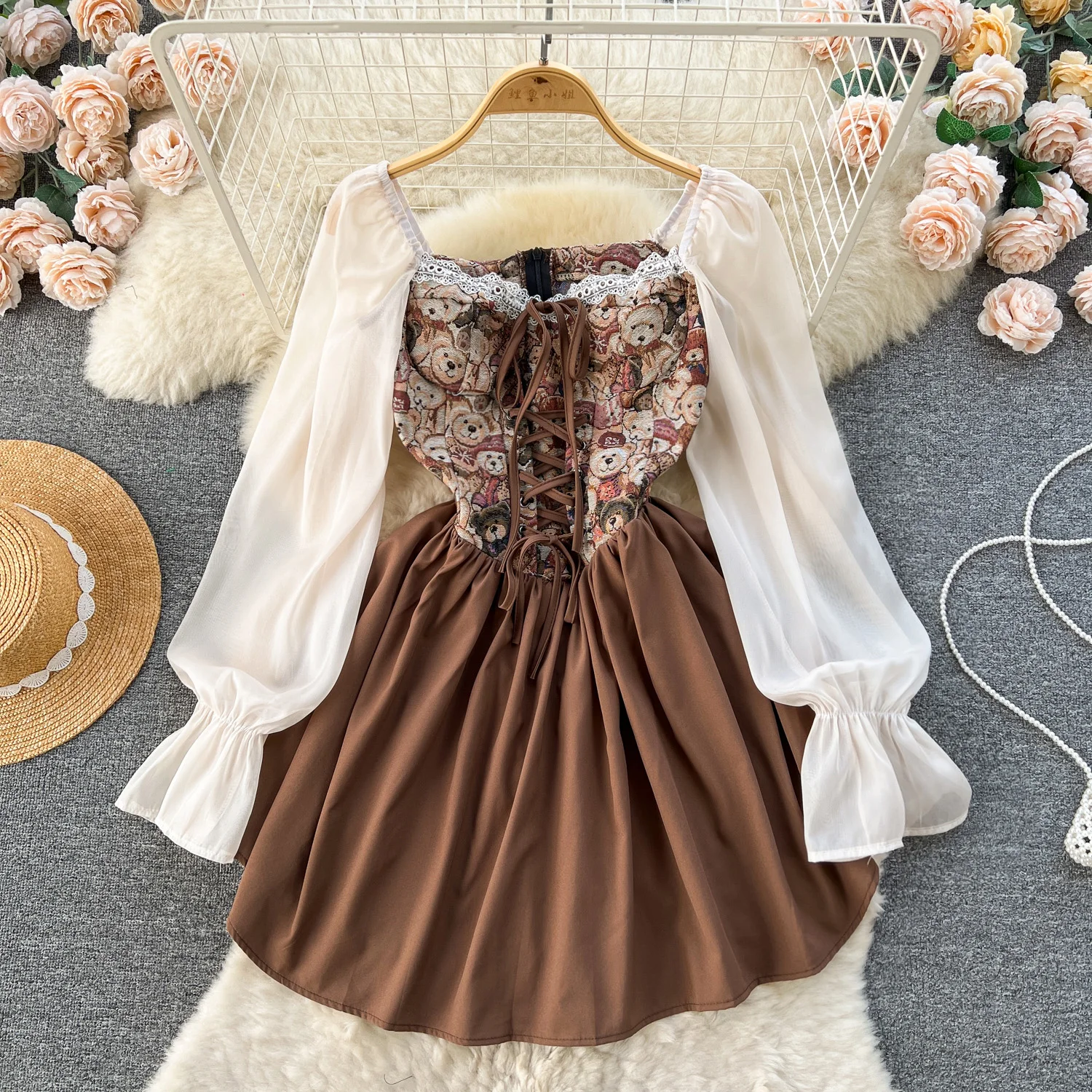 

French Vintage Lace Square Neck Puff Sleeves Long Sleeves Dress Casual Women Fashion Autumn A-line Dress