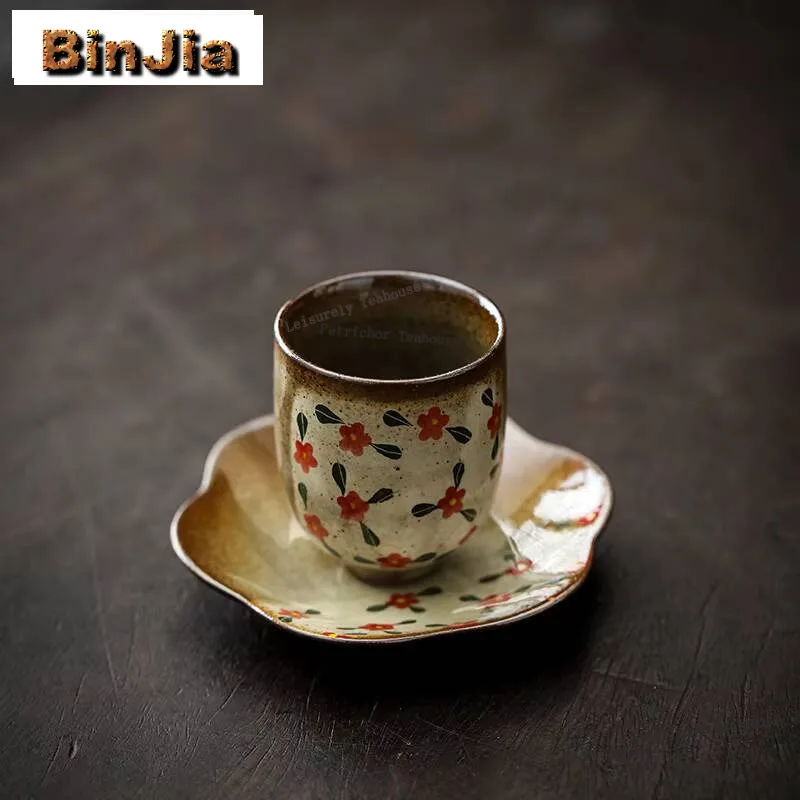 

70ml Hand-painted Small Floral Ceramic Teacup Master Cup with Coaster Set Tea Bowl with Saucer Kit Chazhan Kung Fu Teaware Gift