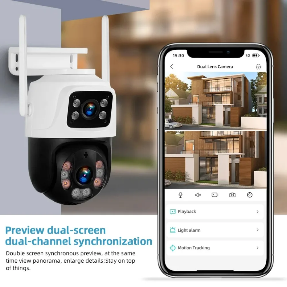 6MP WiFi Camera Outdoor Home Security Dual Lens Human Detect Dual Screen Full Color Night Vision Sound Light Alarm Surveillance