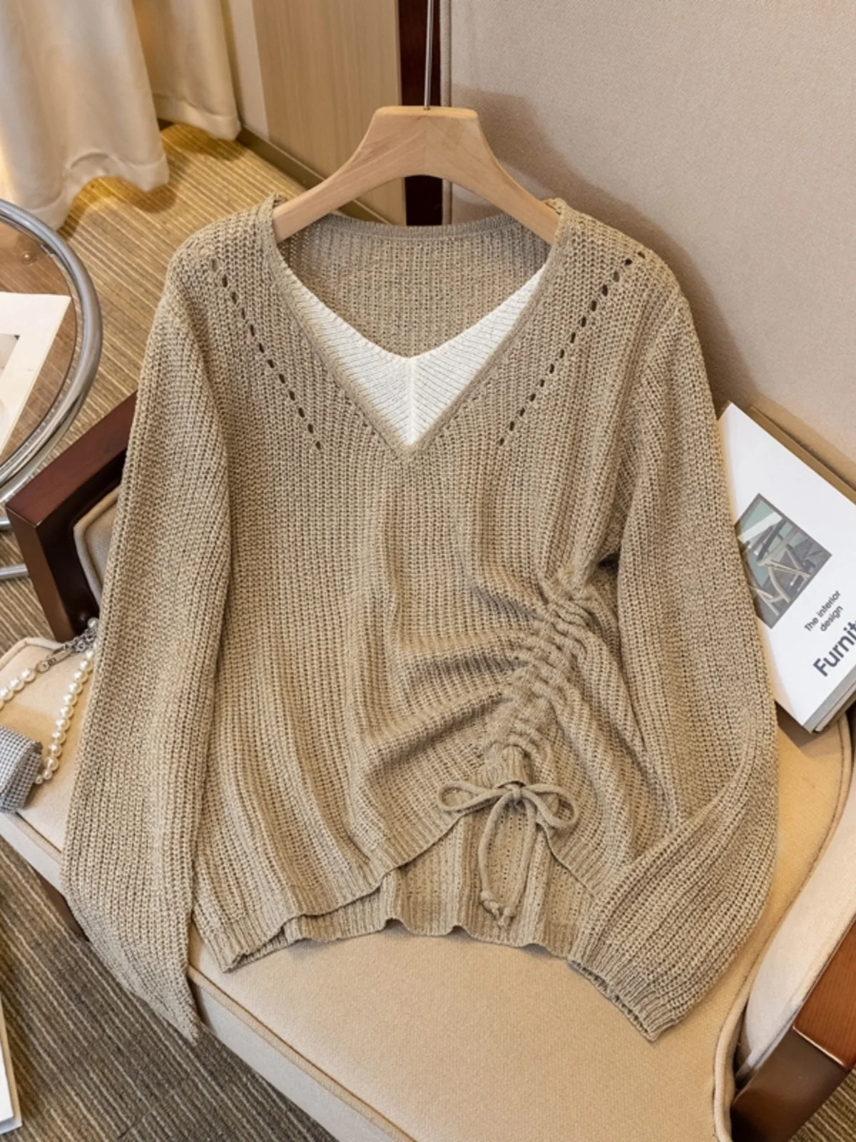 Women's Long Sleeve V-Neck Knitwear Spring Autumn plus Size Fashionable Base Layer Top with Drawstring Korean Style Loose Fit