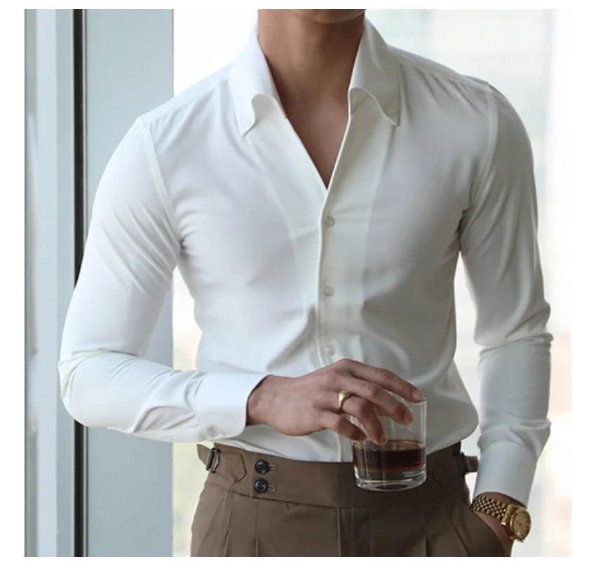 Trend Brand Fashion Korean Solid Color Shirt Men 2021 British Windsor Collar Long Sleeve Shirt Men Business Slim Fit Shirt Dress