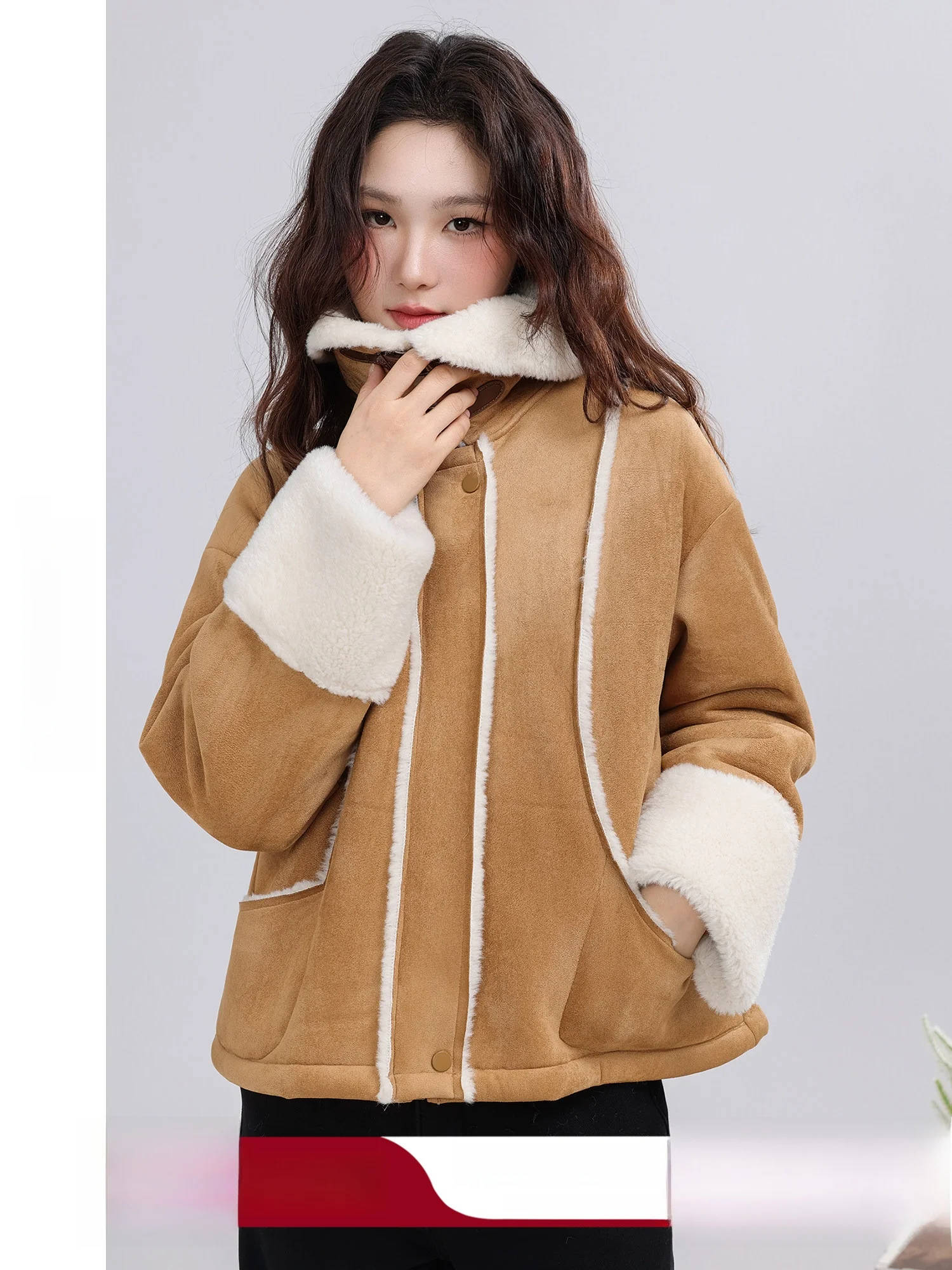 

Caramel Residue Vintage Loose Fur And Leather Collar Women's Coat Warmth Insulation Flip Collar One-Piece Winter New Style