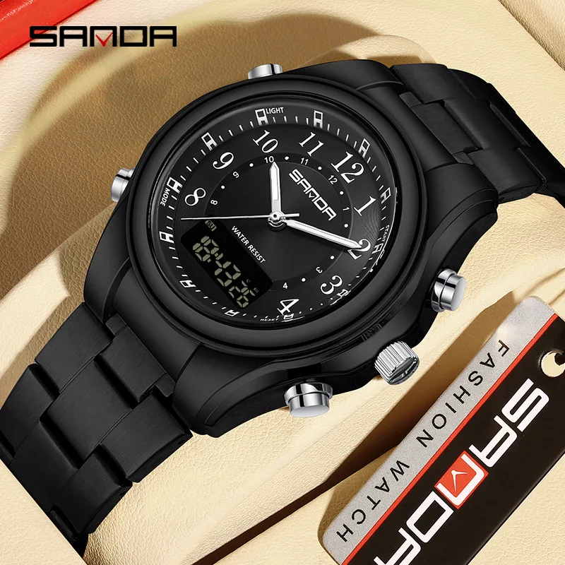 SANDA 3176 Men Quartz Watch Round Fashion Leisure Business Digital Dual Display Stainless Steel Strap Wrist Watches for Men