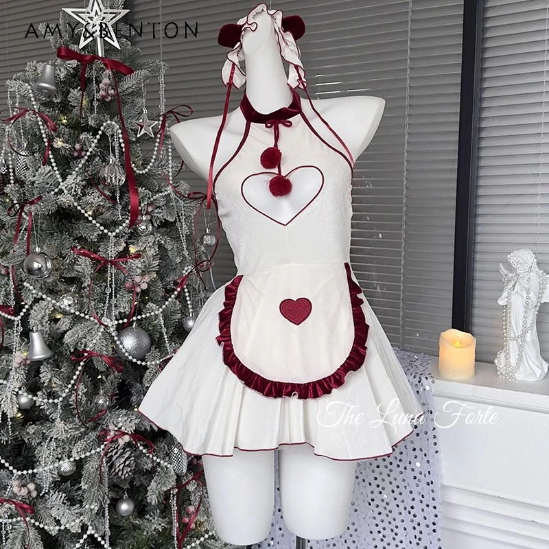 

Autumn Winter New Christmas Women's Clothing Original Design White Sexy Sweet Velvet Halter Neck Strap Home Sleep Dress Ladies