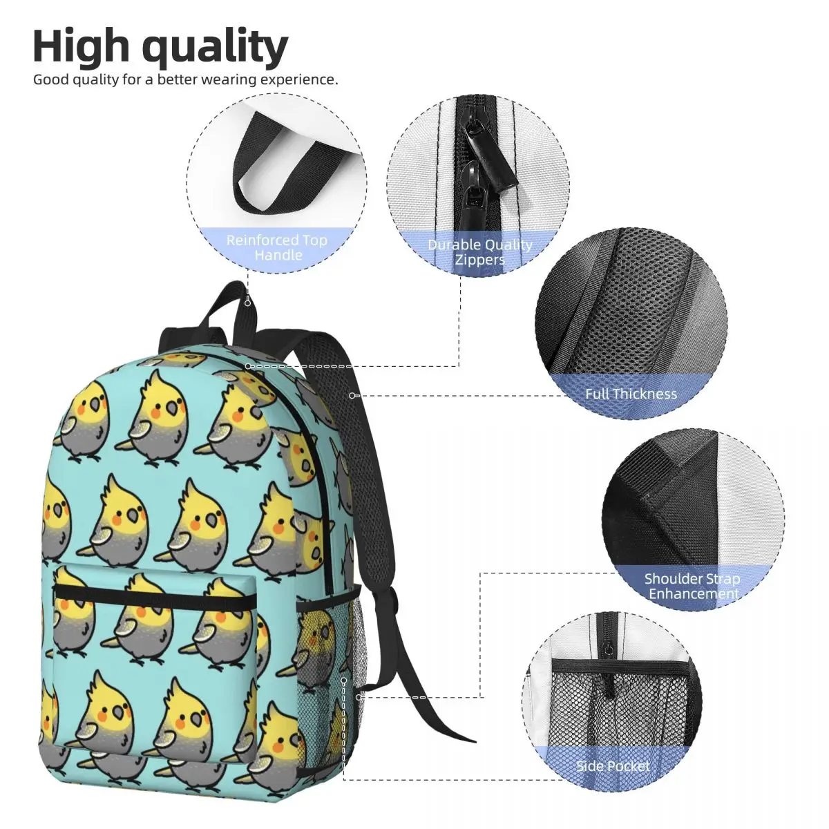Chubby Pearl Cockatiel Backpack Daypack Large Capacity Kids BookBag School Bag Shoulder Bags for Men Women