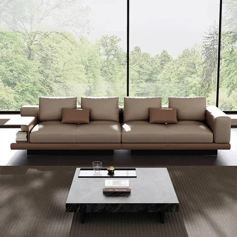 Leather Sofa Villa Large Flat High-end Living Room Light Luxury Four-person Straight Row Suspended Sectional Cream Style Sofa