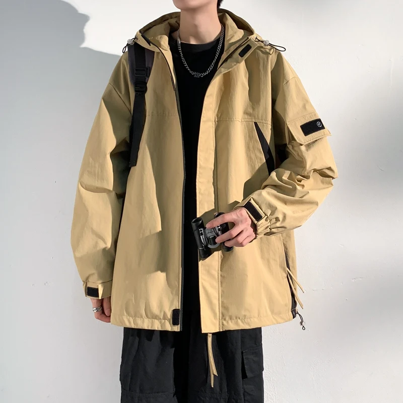 Korean-style New Men's Jacket Black Hooded Coat Casual Outdoor Couple Climbing Windproof Waterproof High Neck Zipper windbreaker