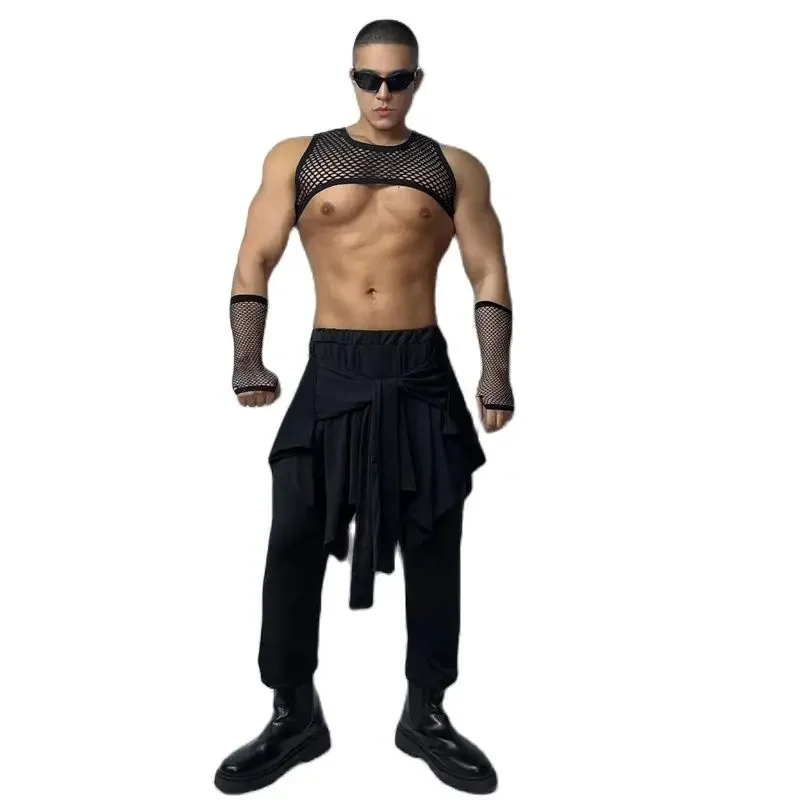 Bar Nightclub Dj Ds Gogo Costume Men Black Mesh Top Jazz Pants Sexy Muscle Man Pole Dance Clothing Stage Rave Outfit XS6480