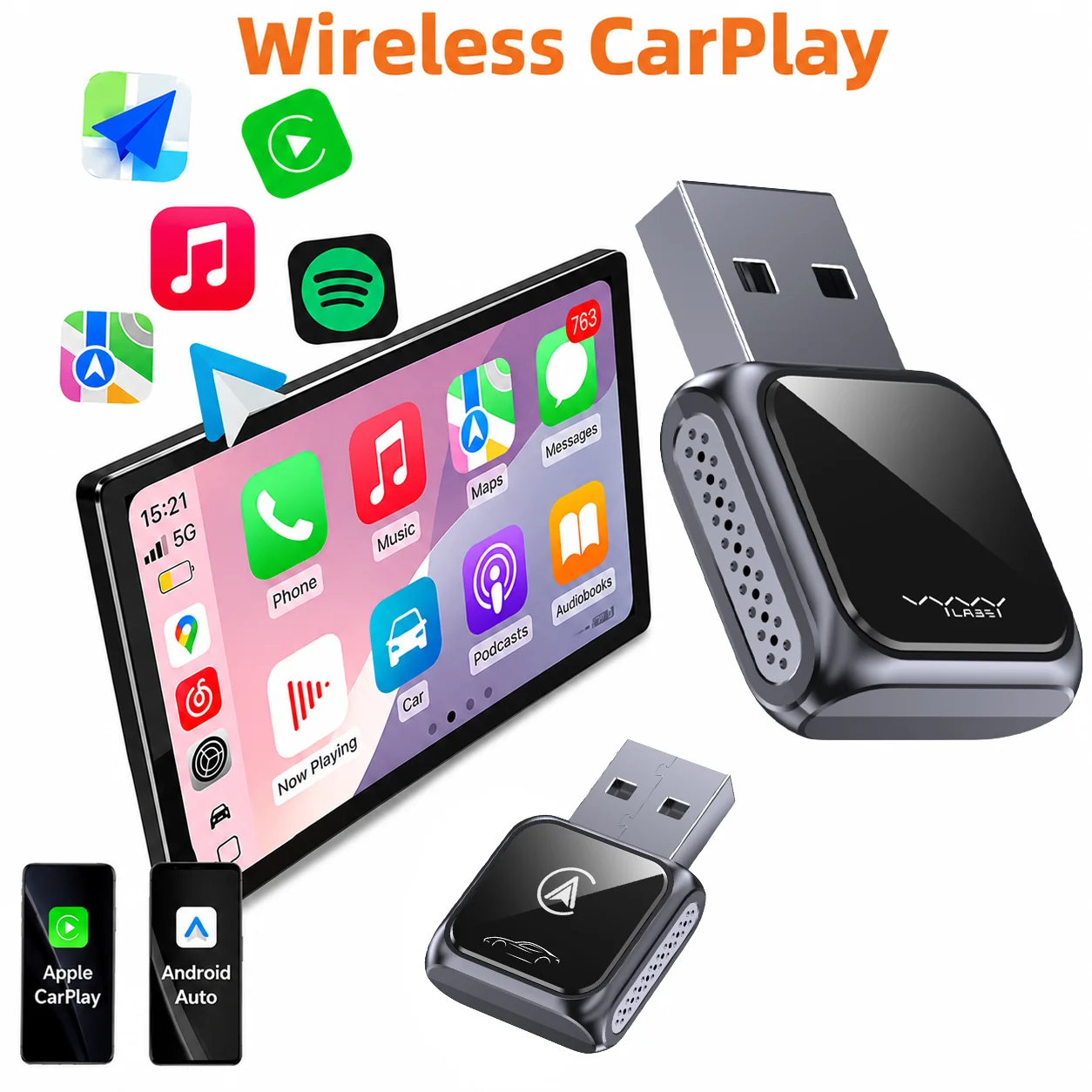 Vyvylabs USB Wireless CarPlay Adapter für werkseitig kabelgebundenes Apple CarPlay & Android Auto Mini-Konverter Plug-and-Play Schnelle automatische Wiederverbindung 5GHz WLAN Stabiles Signal