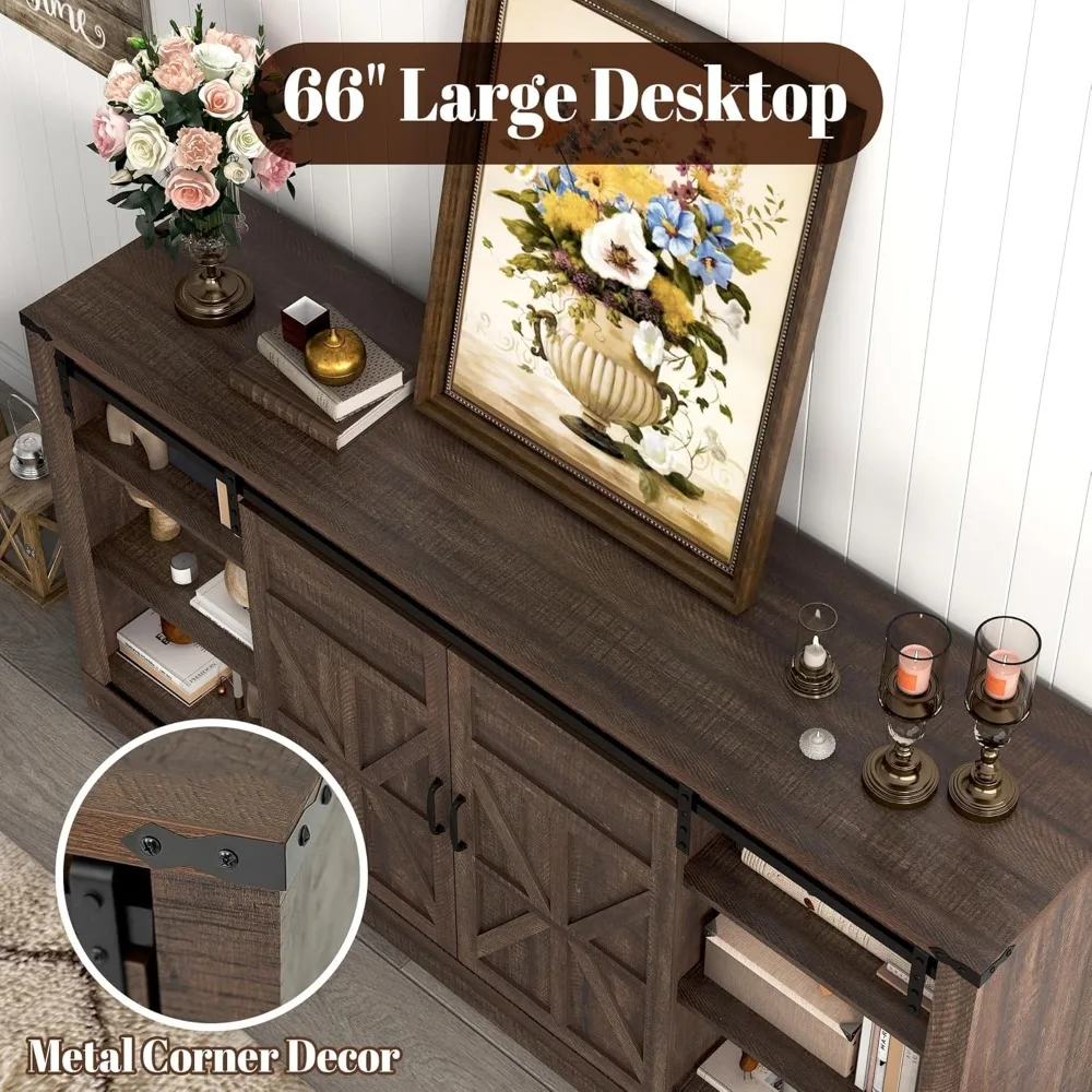 "Suporte de TV de 75 polegadas com porta de celeiro deslizante e tomadas elétricas, centro de entretenimento de madeira de 33 polegadas de altura"